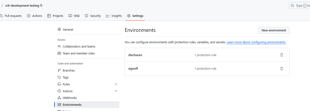 project repo settings environments